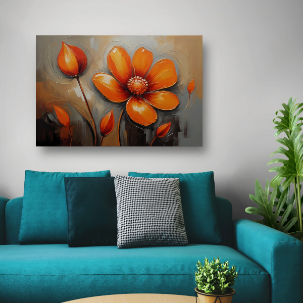 Oranje Bloem Impressie in Olieverf canvas met baklijst