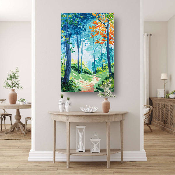 Kleurrijk abstract schilderij van een boslandschap poster