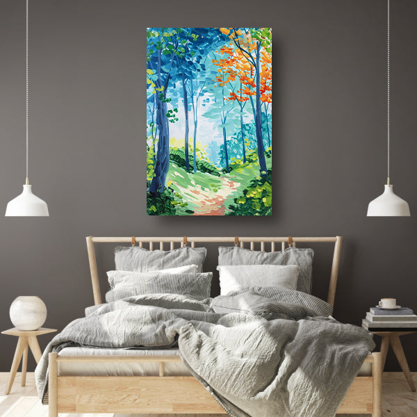 Kleurrijk abstract schilderij van een boslandschap poster