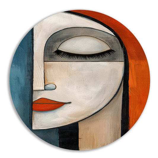 Kubistisch schilderij van vrouw met gesloten ogen aluminium muurcirkel