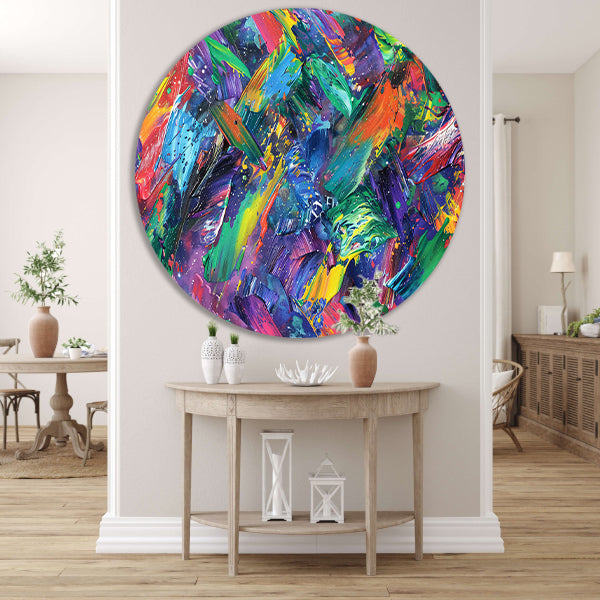Abstracte kleurenexplosie met dynamische penseelstreken forex muurcirkel