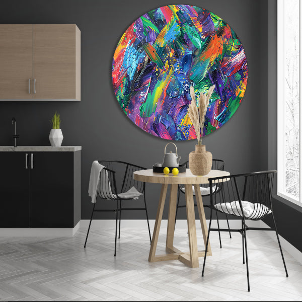 Abstracte kleurenexplosie met dynamische penseelstreken forex muurcirkel