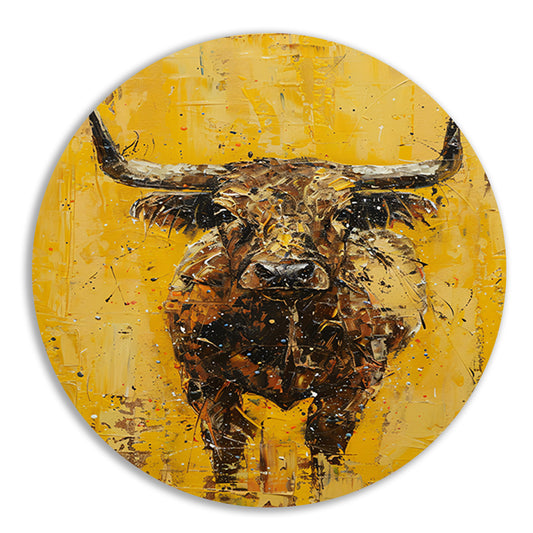 Abstracte schilderij van een stier op geel aluminium muurcirkel