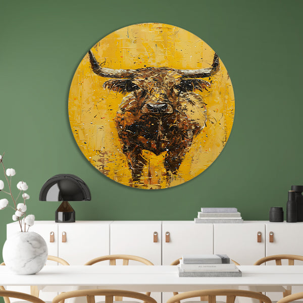 Abstracte schilderij van een stier op geel aluminium muurcirkel