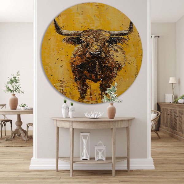 Abstracte schilderij van een stier op geel aluminium muurcirkel