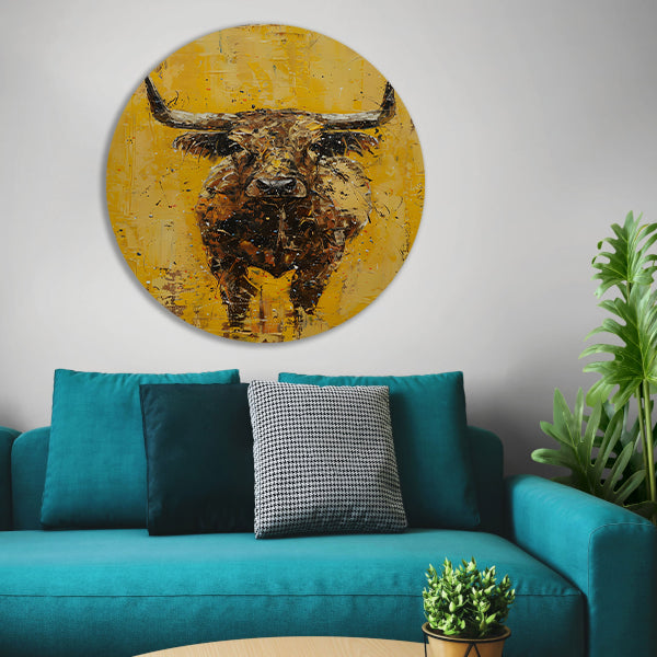 Abstracte schilderij van een stier op geel aluminium muurcirkel