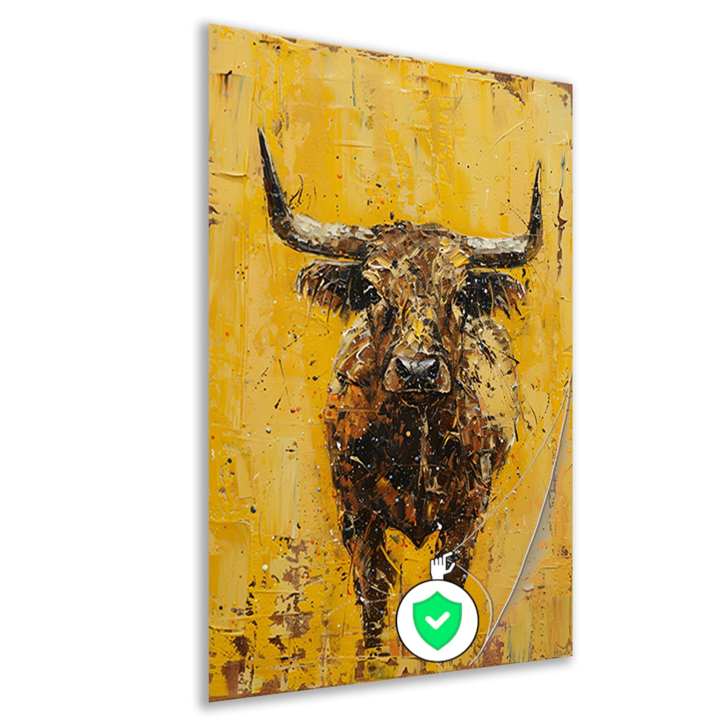 Abstracte schilderij van een stier op geel poster