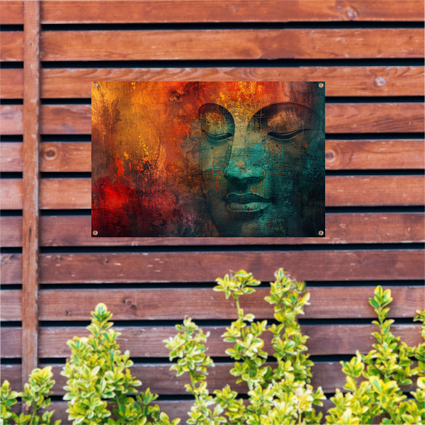 Mysterieus Boeddha portret met kleurrijke texturen tuinposter