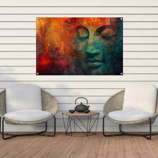 Mysterieus Boeddha portret met kleurrijke texturen tuinposter