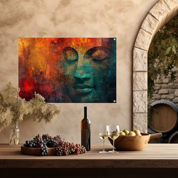 Mysterieus Boeddha portret met kleurrijke texturen tuinposter