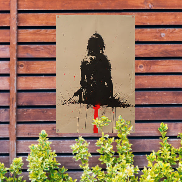 Eenzame vrouwelijke krijger in desolate omgeving tuinposter