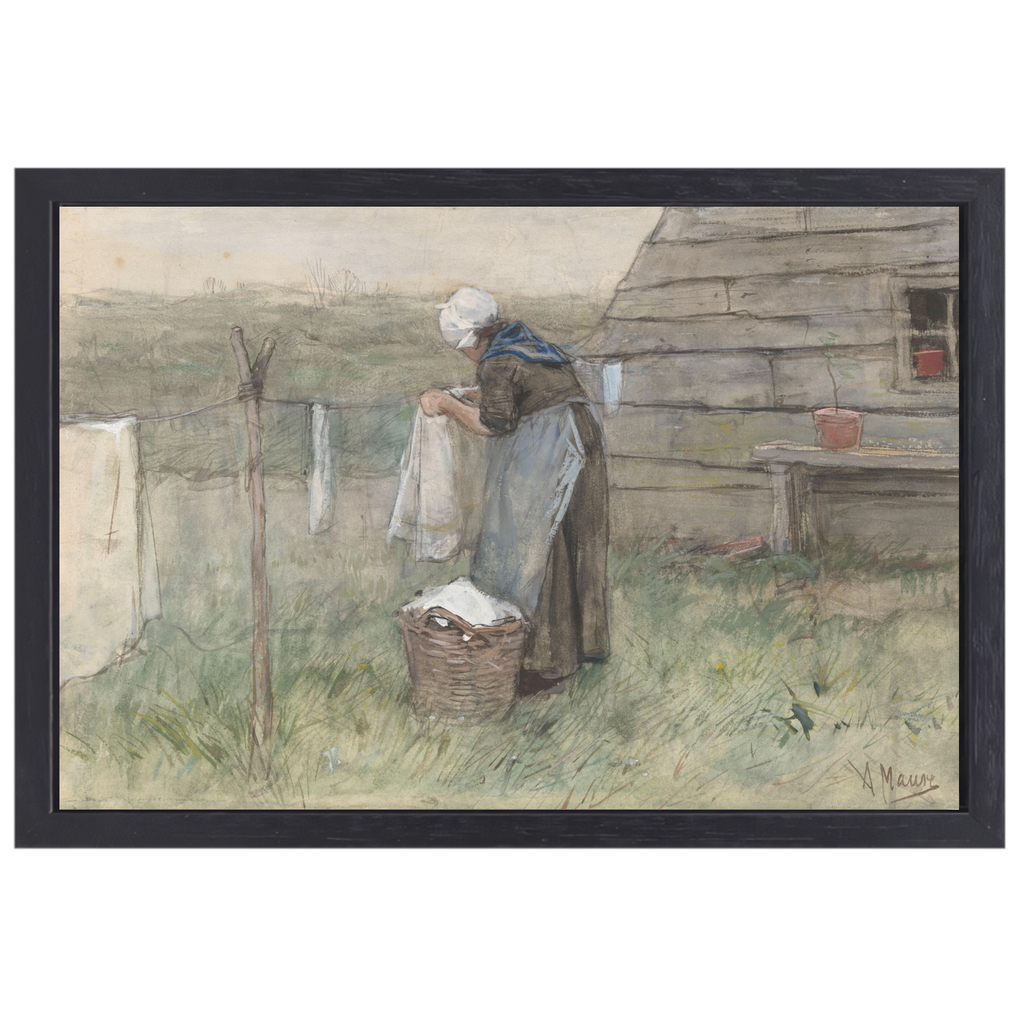 Vrouw bij een waslijn - Anton Mauve canvas met baklijst