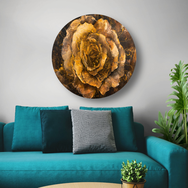 Gouden en Zwarte Abstracte Roos op Schilderij aluminium muurcirkel