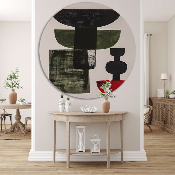 Abstract Vormen in Zwart, Wit, Groen en Rood forex muurcirkel