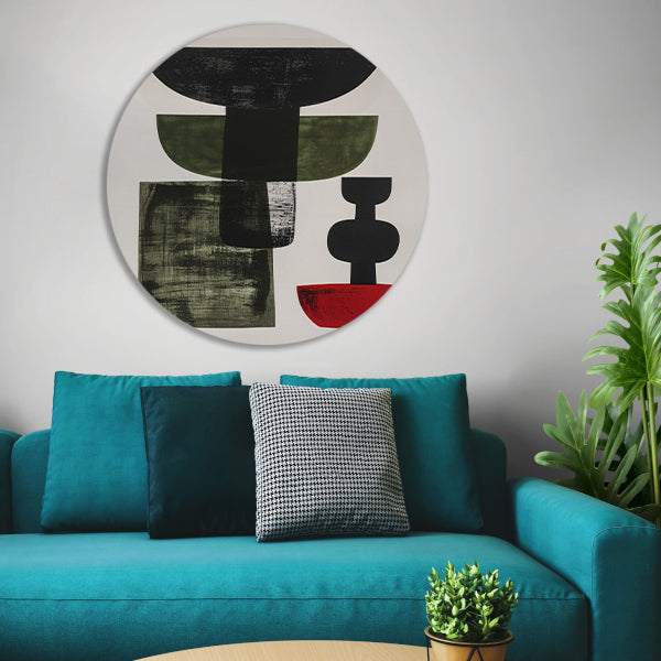 Abstract Vormen in Zwart, Wit, Groen en Rood forex muurcirkel