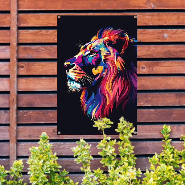 Kleurrijk digitale kunstprint van een leeuw tuinposter