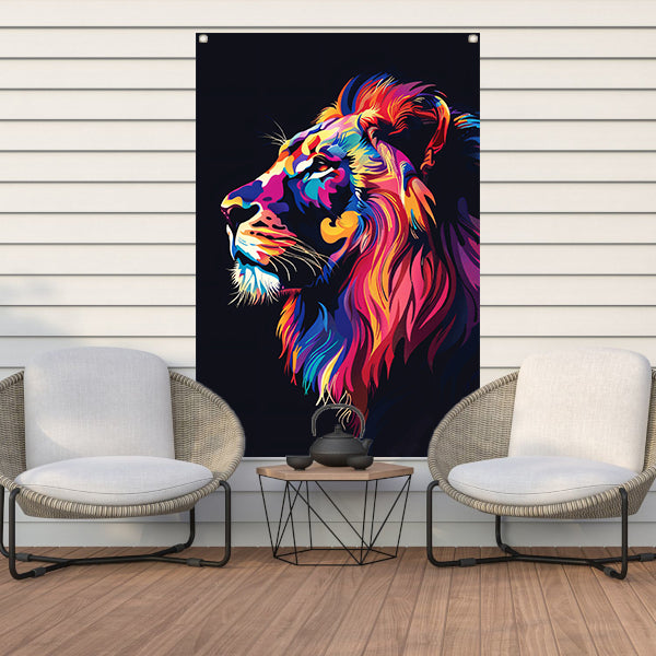Kleurrijk digitale kunstprint van een leeuw tuinposter