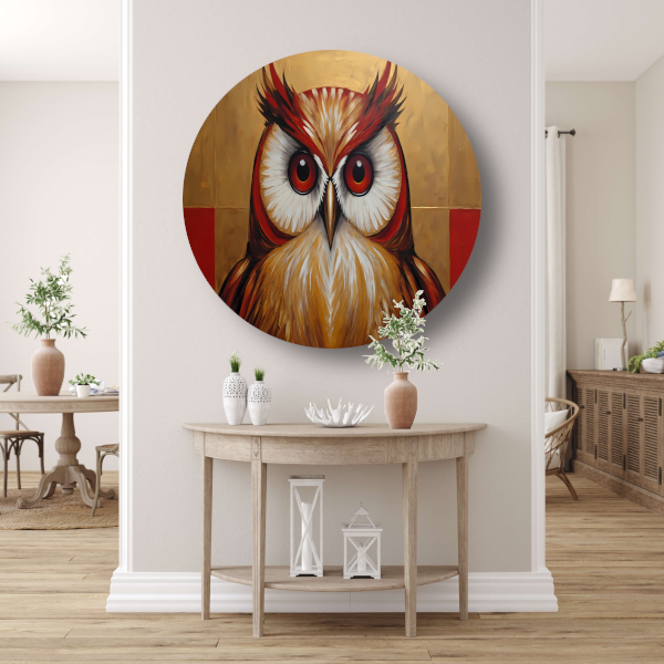 Majestueuze Uil in Moderne Kunst op Goud aluminium muurcirkel