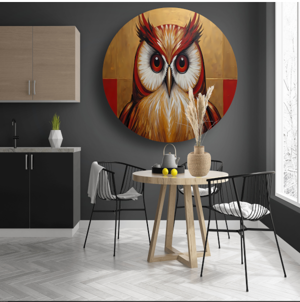 Majestueuze Uil in Moderne Kunst op Goud aluminium muurcirkel