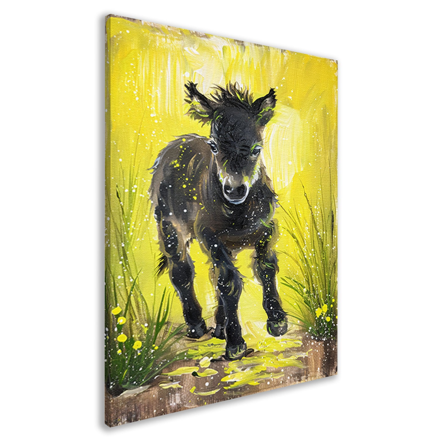 Abstract schilderij van pony met gele achtergrond canvas