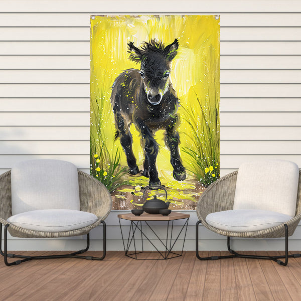 Abstract schilderij van pony met gele achtergrond tuinposter