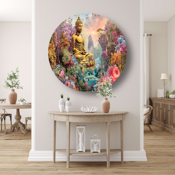 Boeddha Meditatie in Eclectische Bloementuin aluminium muurcirkel