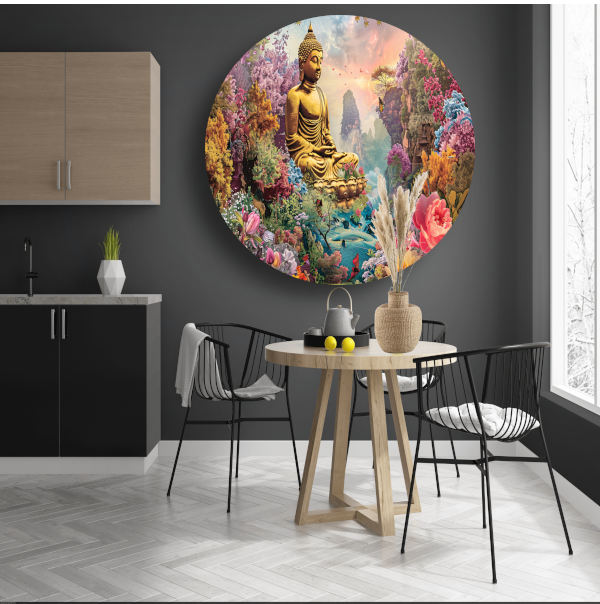 Boeddha Meditatie in Eclectische Bloementuin aluminium muurcirkel