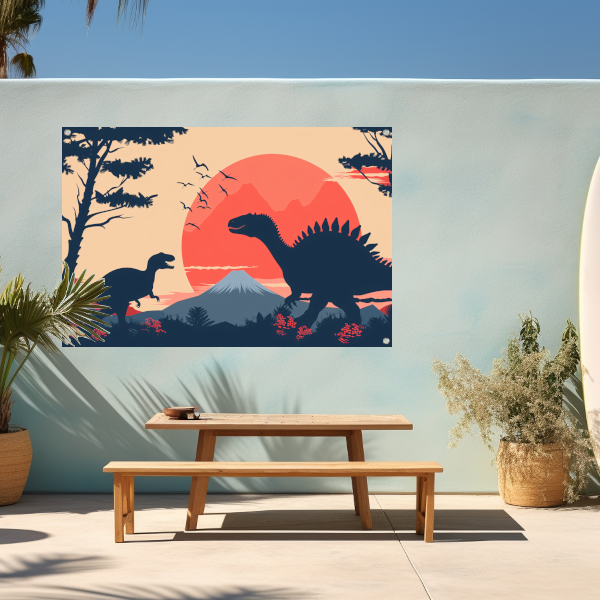 Silhouetten van dinos in prehistorisch landschap tuinposter
