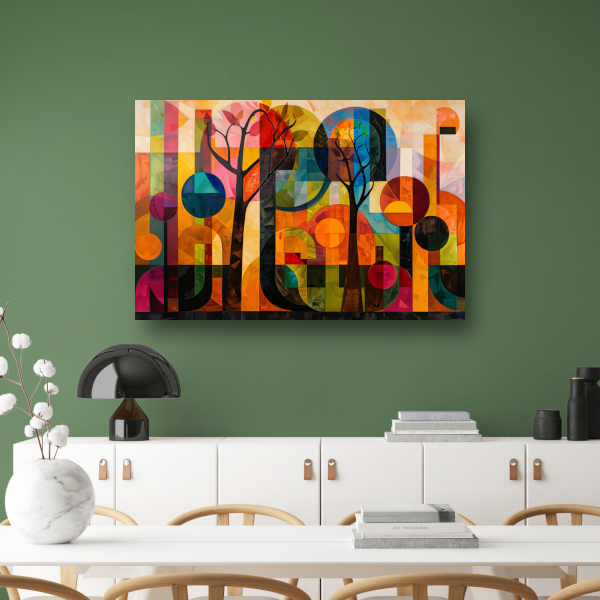Kleurrijke Abstracte Bomen in Stedelijke Omgeving poster