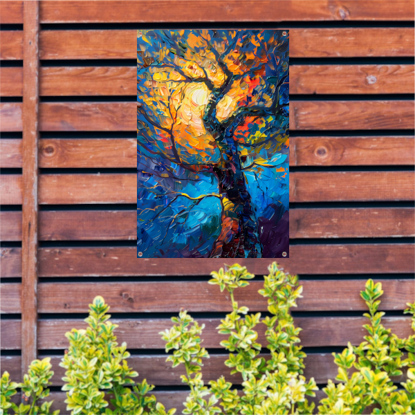 Dynamisch kleurrijk olieverfschilderij van een boom tuinposter