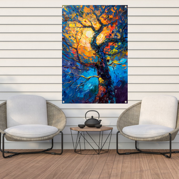 Dynamisch kleurrijk olieverfschilderij van een boom tuinposter