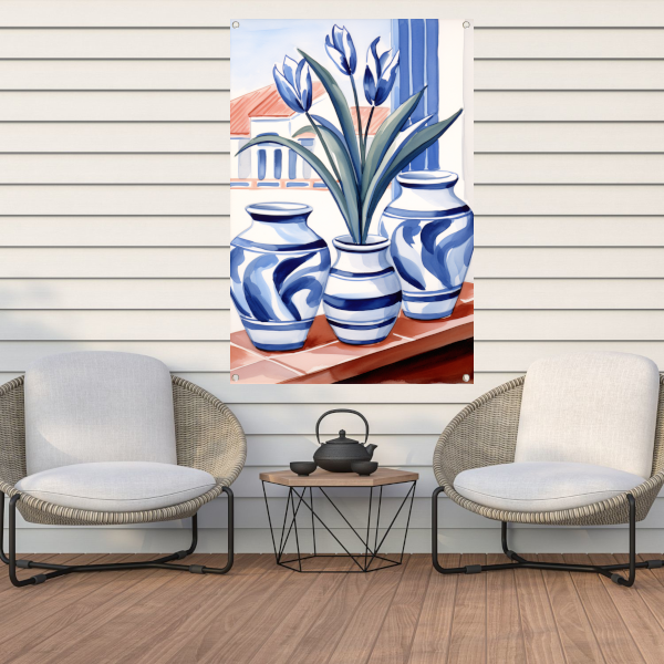 Elegante Blauwe Tulpen in Vazen tuinposter