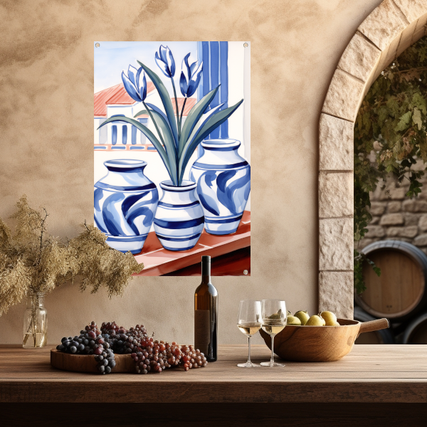 Elegante Blauwe Tulpen in Vazen tuinposter