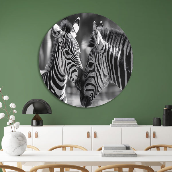 Intiem moment tussen twee zebras aluminium muurcirkel