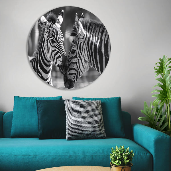 Intiem moment tussen twee zebras aluminium muurcirkel