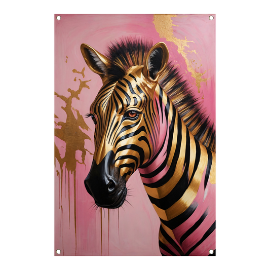 Gouden Zebra met Roze Achtergrond Kunstwerk tuinposter