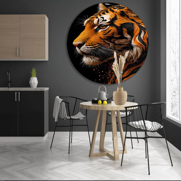 Digitale Oranje-Bruine Tijgerkop Kunst aluminium muurcirkel