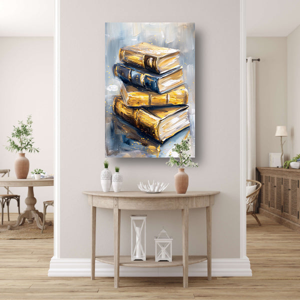 Abstracte boekenstapel in goud en blauw canvas