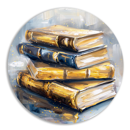 Abstracte boekenstapel in goud en blauw aluminium muurcirkel