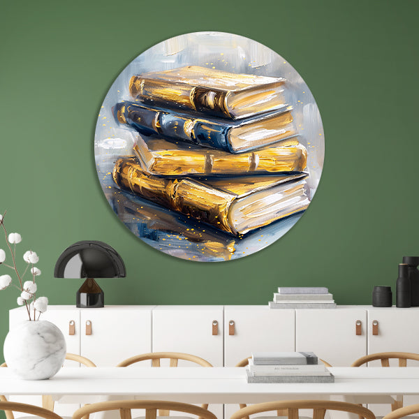 Abstracte boekenstapel in goud en blauw aluminium muurcirkel