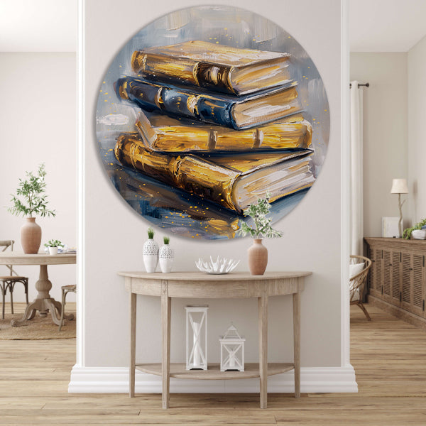 Abstracte boekenstapel in goud en blauw aluminium muurcirkel