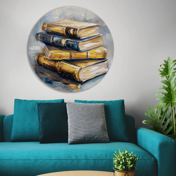 Abstracte boekenstapel in goud en blauw aluminium muurcirkel