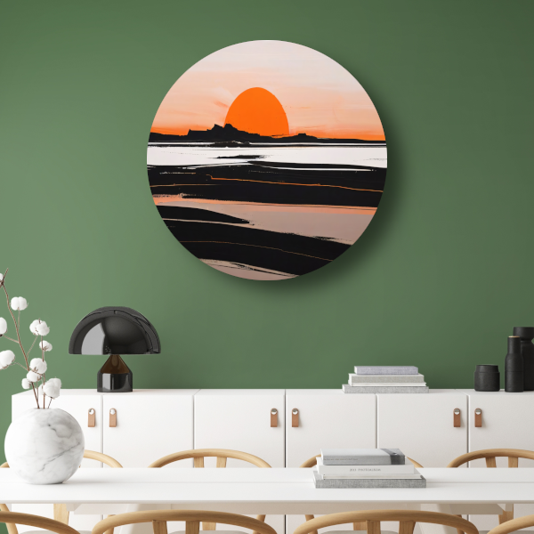 Zonsondergang en Silhouetten in Oranje en Zwart aluminium muurcirkel