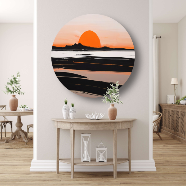 Zonsondergang en Silhouetten in Oranje en Zwart aluminium muurcirkel