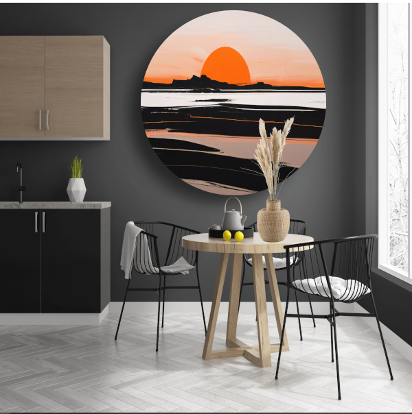 Zonsondergang en Silhouetten in Oranje en Zwart aluminium muurcirkel