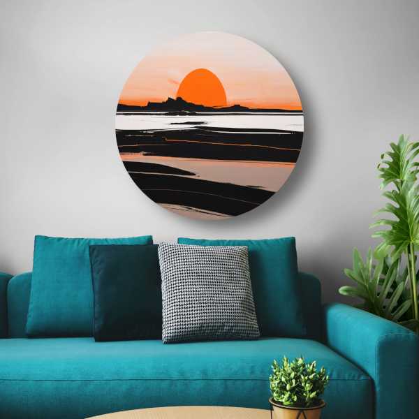 Zonsondergang en Silhouetten in Oranje en Zwart aluminium muurcirkel