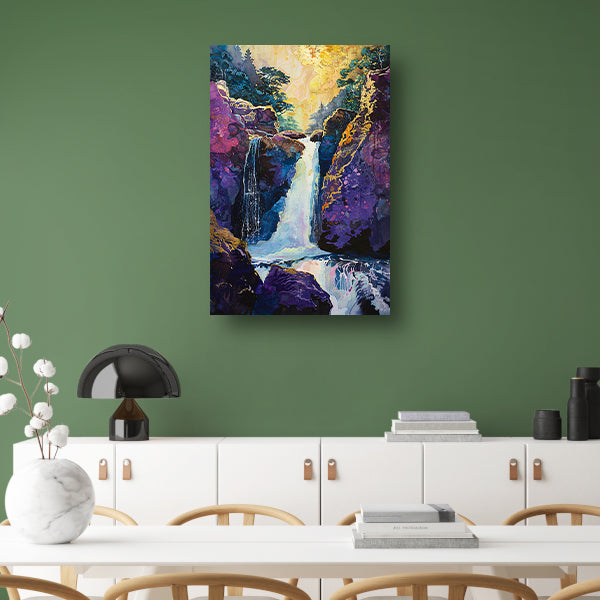Kleurrijke Waterval in Surrealistisch Boslandschap poster
