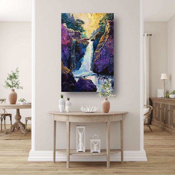 Kleurrijke Waterval in Surrealistisch Boslandschap poster