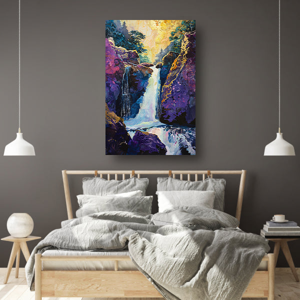 Kleurrijke Waterval in Surrealistisch Boslandschap poster