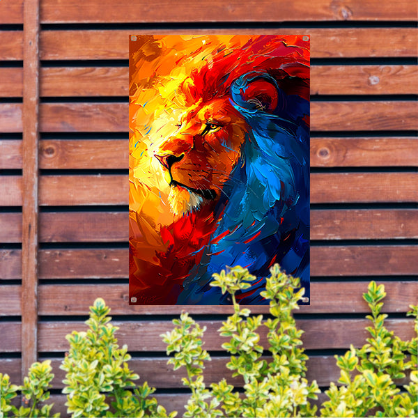 Kleurrijk abstract schilderij van een leeuw tuinposter